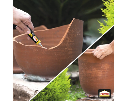 Aplikace lepidla Pattex 100 procent gel na rozbitý terakotový květináč.