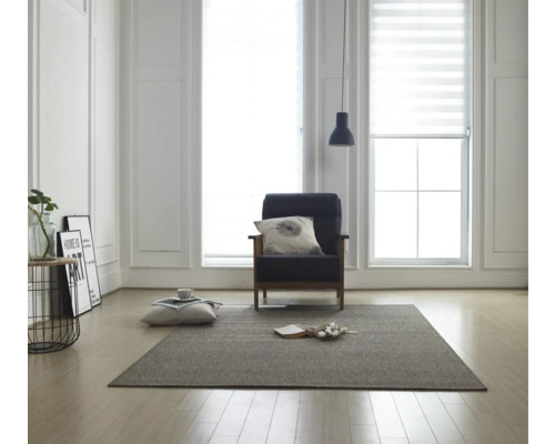 Obývací pokoj s kobercem, křeslem a roletami pro denní světlo na oknech