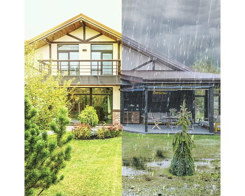 Obrázek fasády domu za slunečného a deštivého počasí, který ilustruje nutnost ochrany před povětrnostními vlivy