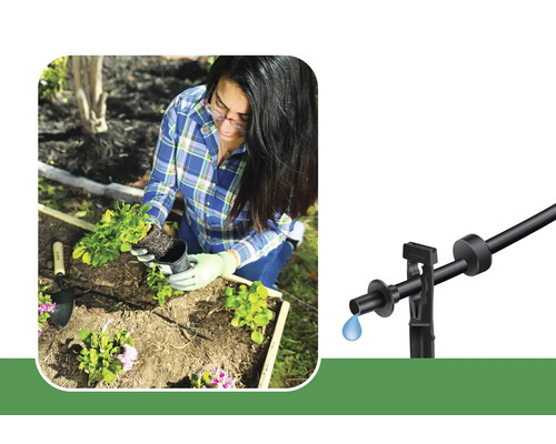 Žena sází květiny na zahradě s kapkovým zavlažovacím systémem.