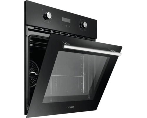 Černá vestavná trouba s otevřenými dvířky pro zobrazení vnitřku