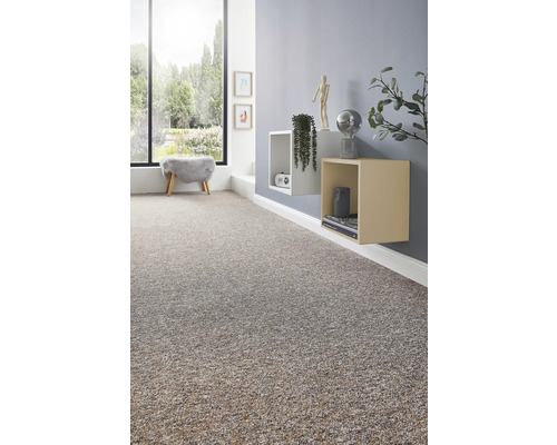 Interiér s kobercem, regály a dekorativními prvky pro útulné prostředí.