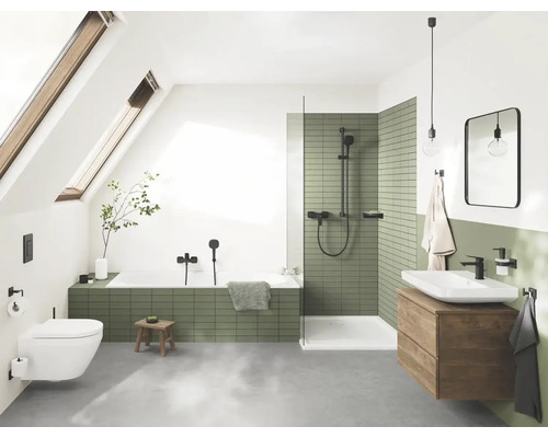 Světlá koupelna se střešním oknem, sprchou, vanou, umyvadlem a toaletou