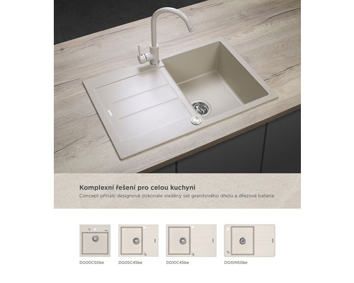Kuchyňský dřez s odkapávací plochou a baterií v kuchyňské desce