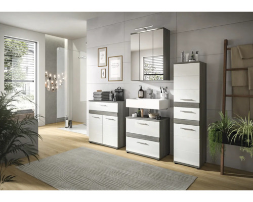 Moderní koupelna s umyvadlem, zrcadlovou skříňkou a dalšími skříňkami pro úložný prostor