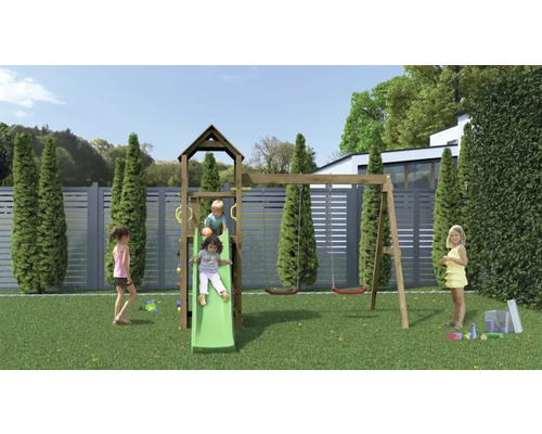 Dětské hřiště se skluzavkou a houpačkou na zahradě.