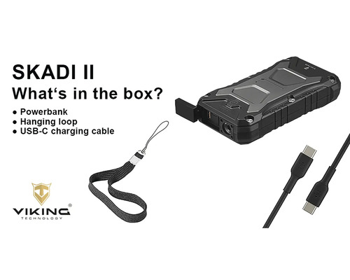 Obsah balení powerbanky Skadi II: powerbanka, poutko a nabíjecí kabel USB-C