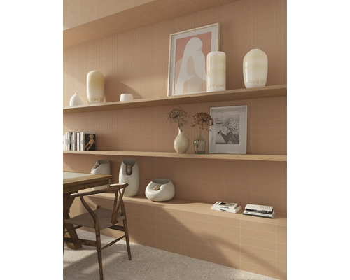 Obývací pokoj s policemi, dekoracemi a dřevěným stolem