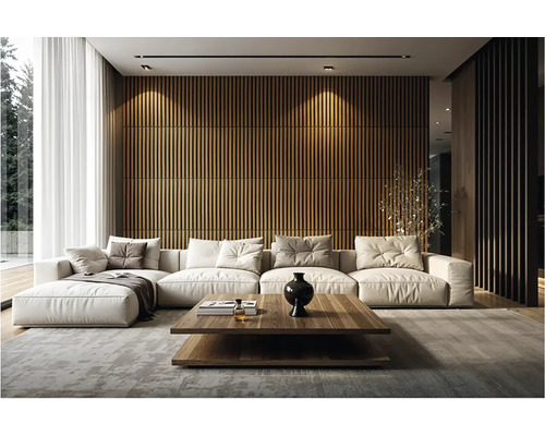 Obývací pokoj s rohovou sedačkou, konferenčním stolkem a dřevěným obložením stěn