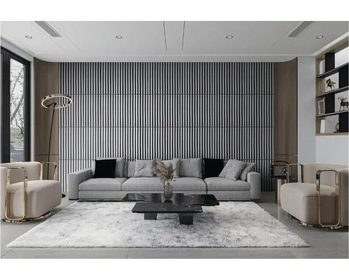 Obývací pokoj s pohovkou, křesly, konferenčním stolkem a dekorativním obkladem stěn