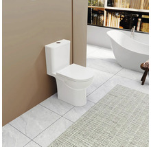 Bílá stojící toaleta v koupelně s vanou a kobercem