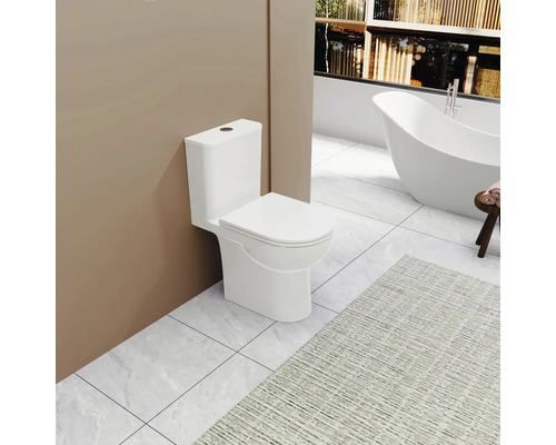 Bílá stojící toaleta v koupelně s vanou a kobercem