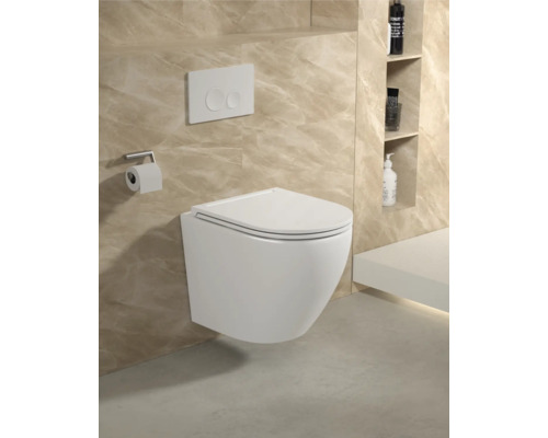 Závěsná toaleta s ovládacím panelem a držákem toaletního papíru v koupelně.