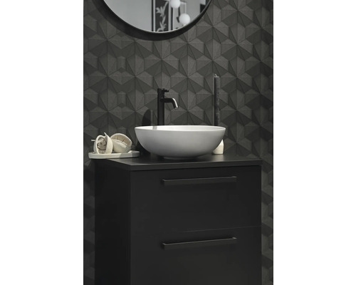 Moderní koupelna s černou skříňkou pod umyvadlo, umyvadlem na desku a trojrozměrnou obkladovou dlaždicí