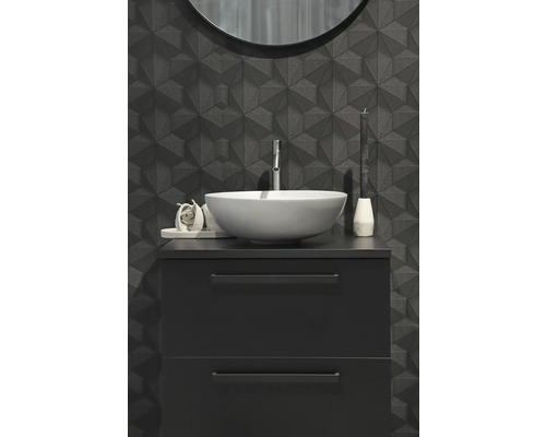 Moderní koupelnový set s umyvadlem na desku, skříňkou se zásuvkami a strukturovanou stěnou