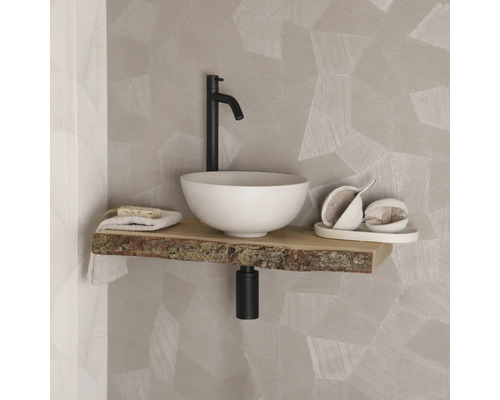 Umyvadlo s dřevěnou deskou, umyvadlová mísa a armatura