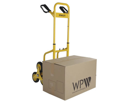 Žlutý schodišťový vozík s kartonem