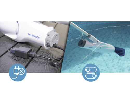 Bazénový robot Marimex s nabíječkou a symboly pro nabíjení a zapnutí/vypnutí