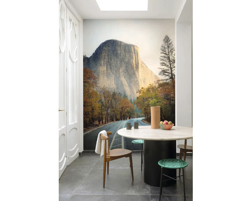 Světlá jídelna s fototapetou zobrazující horu a silnici a kulatý stůl se židlemi.