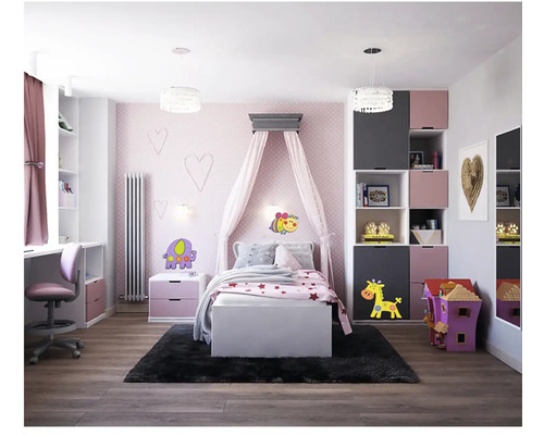 Světlý dětský pokoj s postelí, nebesy, psacím stolem a policemi