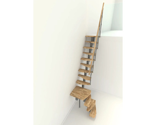 Pohled do místnosti na jednoramenné schodiště s dřevěnými schody a kovovým zábradlím