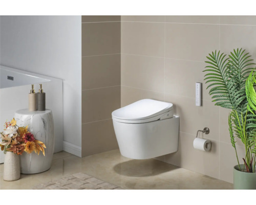 Koupelna s nástěnnou sprchovací toaletou, dálkovým ovládáním, držákem toaletního papíru, dekorací a koupelnovým kobercem