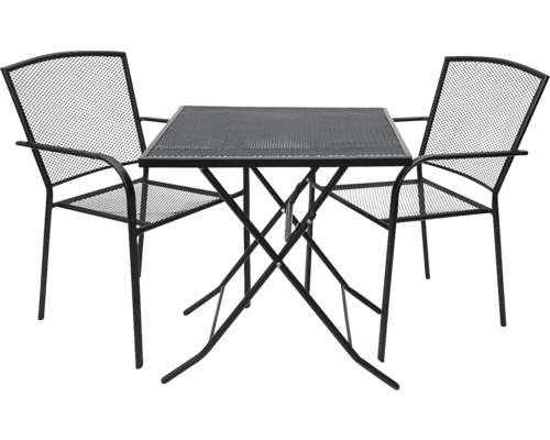 Sestava zahradního stolu se dvěma kovovými židlemi a čtvercovým stolem