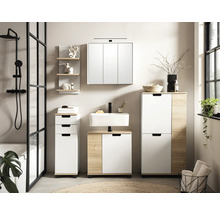 Koupelna s umyvadlem, zrcadlovou skříňkou, vysokou skříňkou a policemi na koupelnové doplňky