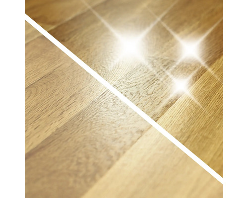 Zobrazení dřevěné podlahy před a po ošetření přípravkem na péči o podlahy