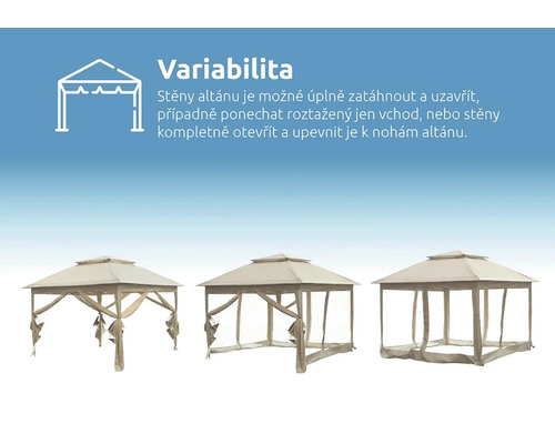 Různé pohledy na altán s různými konfiguracemi stěn