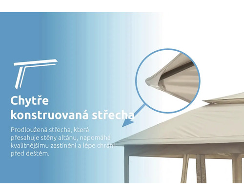 Detail inteligentně zkonstruované střechy altánu, která přesahuje stěny altánu, což přispívá k lepšímu stínění a ochraně před deštěm.