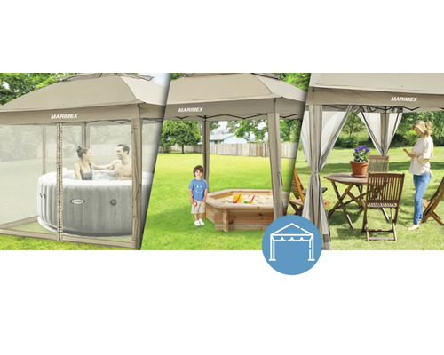 Pavilon Marimex s rodinou ve vířivce, dítětem v pískovišti a ženou se zahradním nábytkem