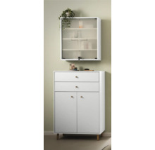 Bílá koupelnová skříňka se zásuvkami, dvířky a závěsnou skříňkou