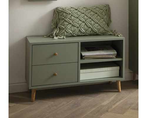 Komoda se dvěma zásuvkami, úložnými přihrádkami a polštářem