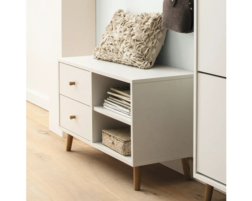 Šatní lavice se zásuvkami, úložnými přihrádkami a polštářem