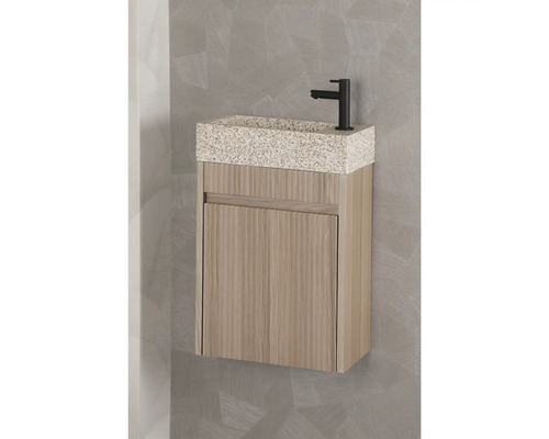 Umyvadlo se skříňkou, umyvadlová deska ve stylu teraco a černá armatura