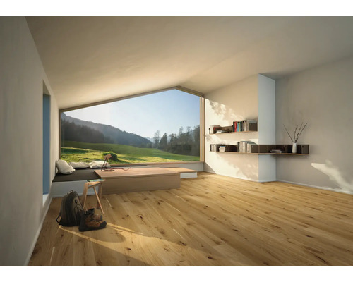 Světlá místnost s dřevěnou podlahou, knihovnami a velkým oknem s výhledem na zelenou krajinu