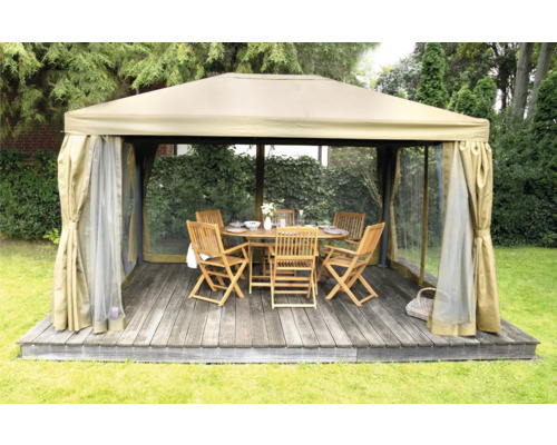 Zahradní pavilon s dřevěnou podlahou, stolem a židlemi pro venkovní použití