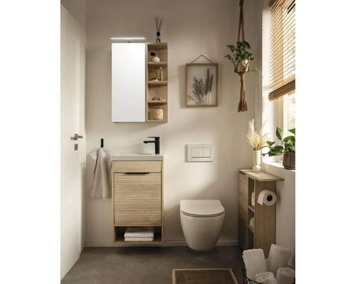 Světlá koupelna s umyvadlem, zrcadlovou skříňkou, toaletou a policemi v přírodním designu