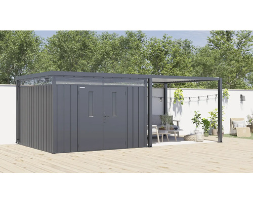 Kovová zahradní skříň s dvoukřídlými dveřmi a boční pergolou do zahrady