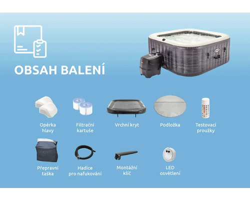 Obsah balení pro nafukovací vířivku s příslušenstvím, jako je opěrka hlavy, filtrační kartuše, kryt, podložka, testovací proužky, přepravní taška, hadice k nafukování, montážní klíč a LED osvětlení