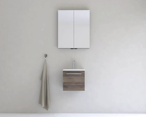 Moderní koupelnový set se zrcadlovou skříňkou, umyvadlovou skříňkou a háčkem na ručníky