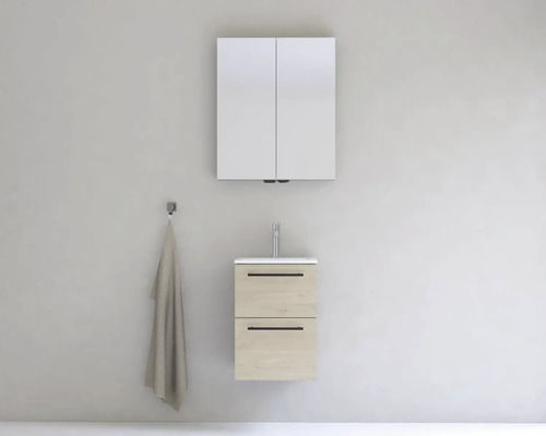 Koupelna s umyvadlovou skříňkou, umyvadlem a zrcadlovou skříňkou