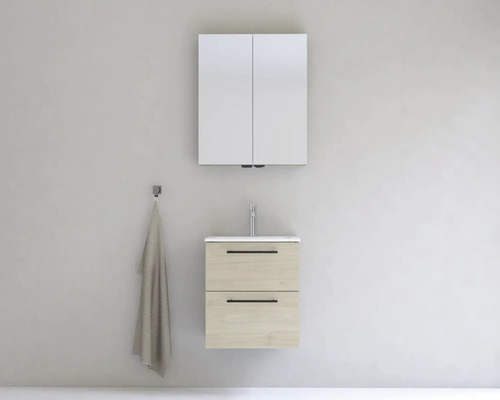 Koupelna s umyvadlovou skříňkou, umyvadlem a zrcadlovou skříňkou