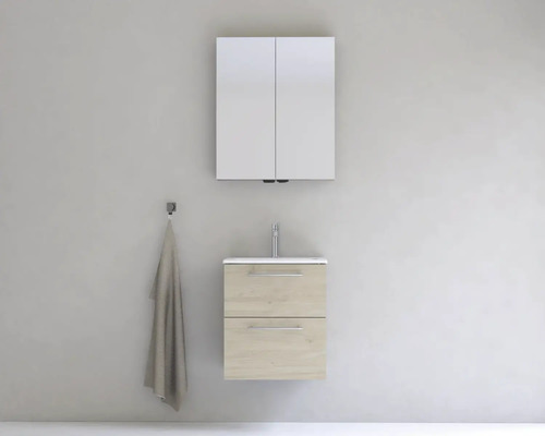 Koupelna s umyvadlovou skříňkou, umyvadlem, zrcadlovou skříňkou a držákem na ručníky