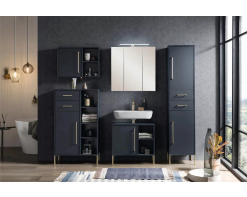 Koupelnový set s umyvadlem, zrcadlovou skříňkou a vysokými skříněmi pro stylové vybavení koupelny