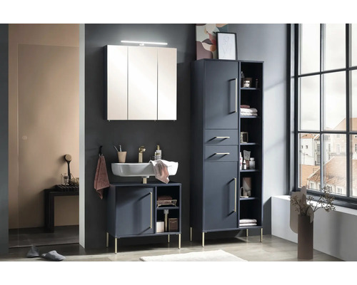 Koupelna s umyvadlovou skříňkou, zrcadlovou skříňkou a vysokou skříní v jasném, prostorném designu.