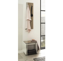 Koupelnová scéna s šatním panelem, lavicí a ručníky pro uspořádané prostředí.