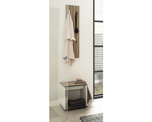 Koupelnová scéna s šatním panelem, lavicí a ručníky pro uspořádané prostředí.