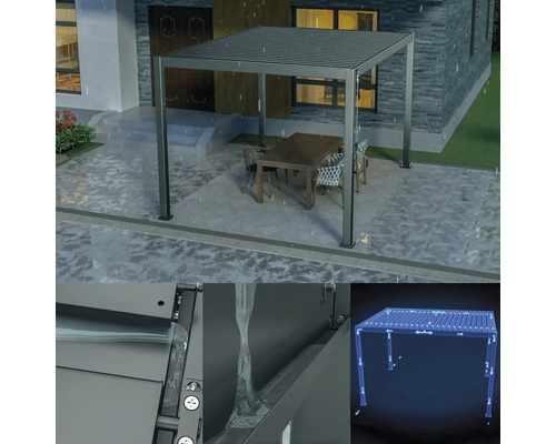 Pergola v zahradě se stolem a židlemi